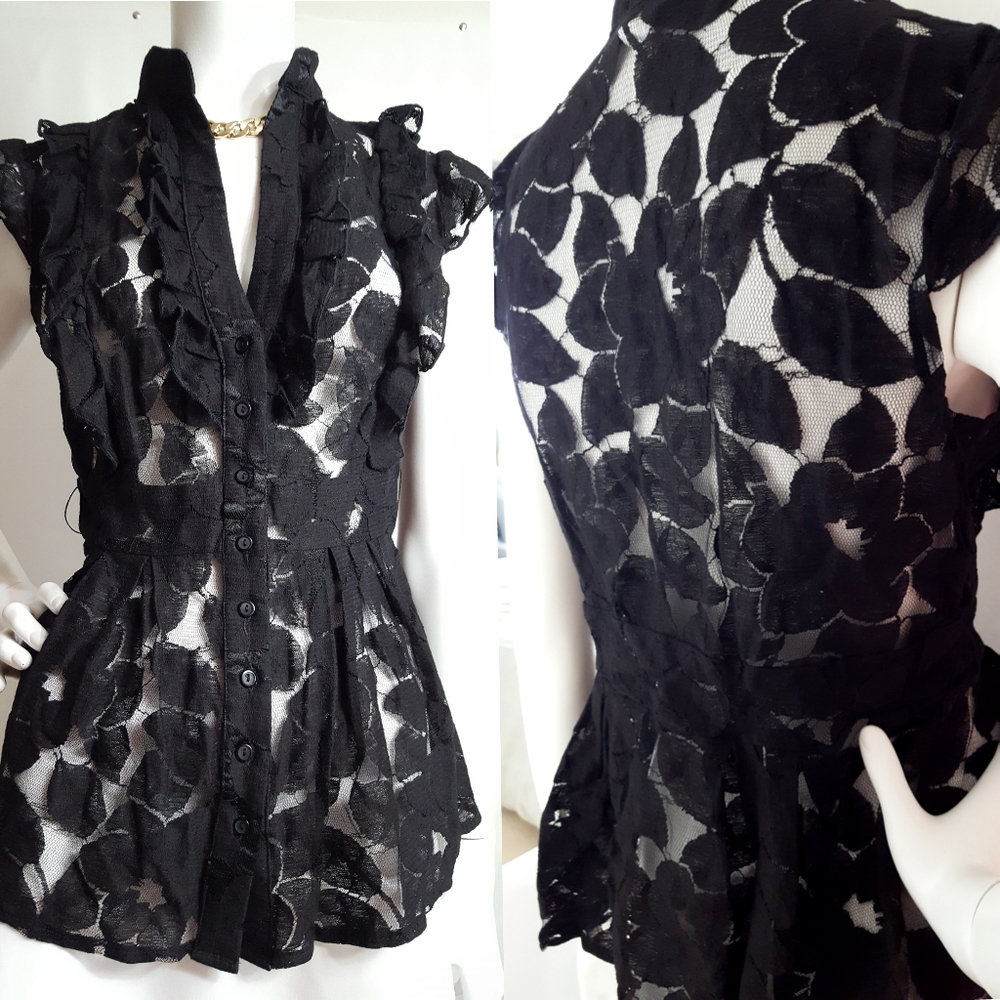 90's-Y2K💋Seductions🖤Black Floral Sheer Ruffle Frill Peplum Top - Picture 4 of 9